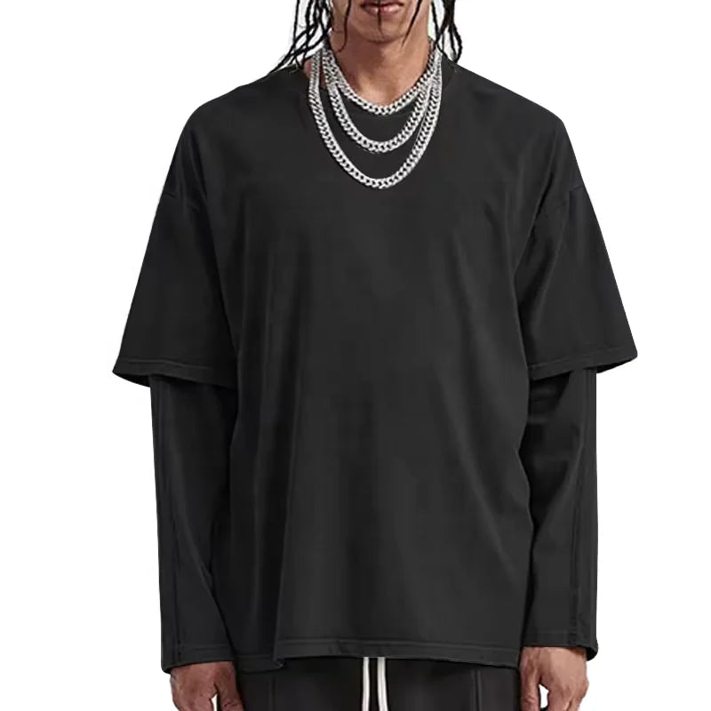 Unisex 2-In-1 Cotton T Shirt Custom Double Layer Blank Design Knitted Crew Neck Tee Long Sleeve T Shirt