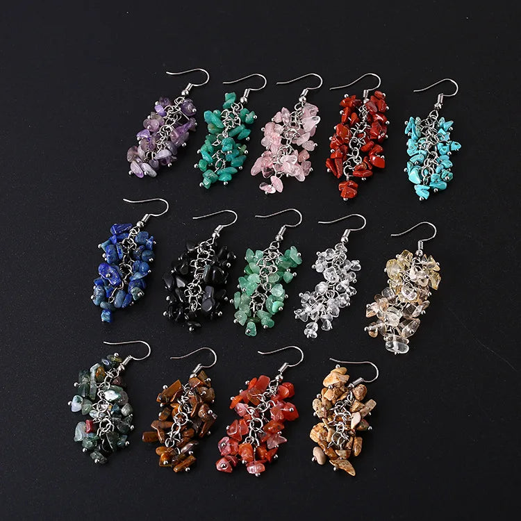 Wholesale Cheap Price Raw Natural Crystal Stone Earrings Handmade Chip Tassel Long Earrings