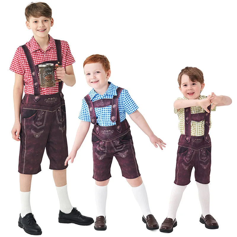 Germany Oktoberfest Costume Kids Boys Plaid Shirt Suspender Pants Top Cosplay Beer Costume Polyester Cotton Blend Bavarian