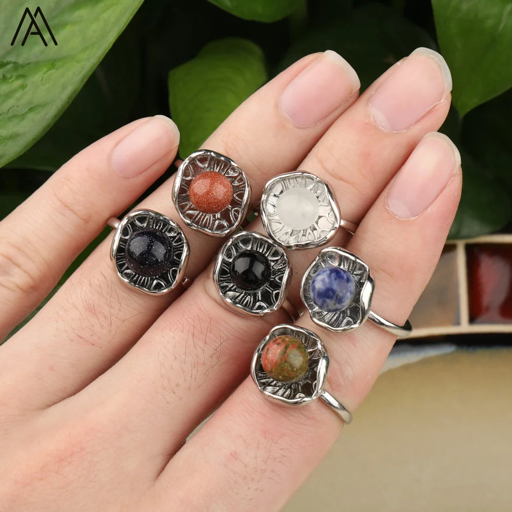 8mm Stone Beads Paved Lotus Leaf Shape Silver Rings for Women Jewelry Gifts