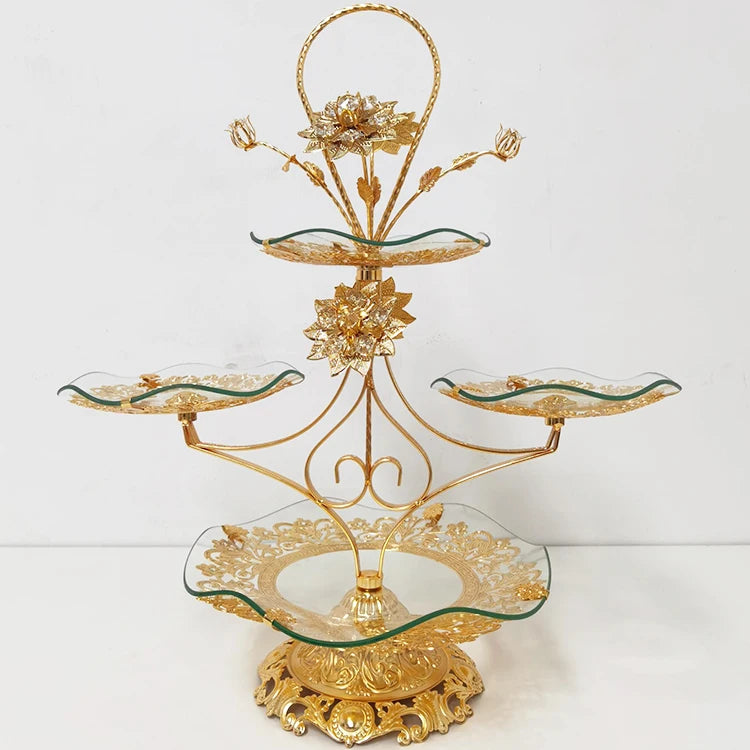 Home Decoration European Style Luxury Metal Fruit Tray Gold Glass 3 Tiers Cake Desert Fruit Dishes Plate for Party