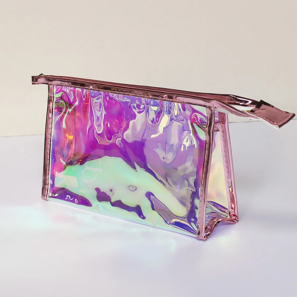 Laser Shiny Iridescent PVC Holographic Zipper Bag TPU Fashionable Travel Makeup Bag Letter Pattern Cosmetics Storage for Girl