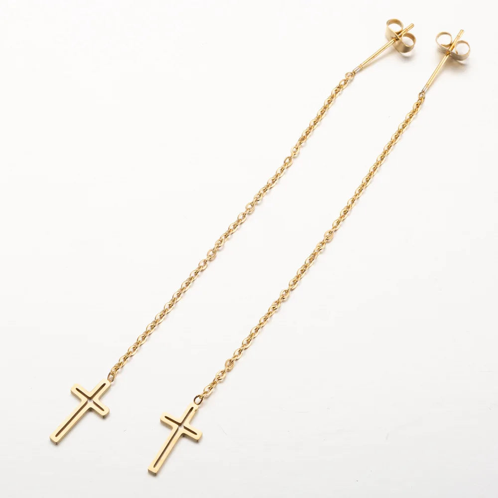 Stylish Rose Gold Plated Long Threader Tassel Earrings Retro Religious Jewelry Stainless Steel Cross Drop Earrings for Women