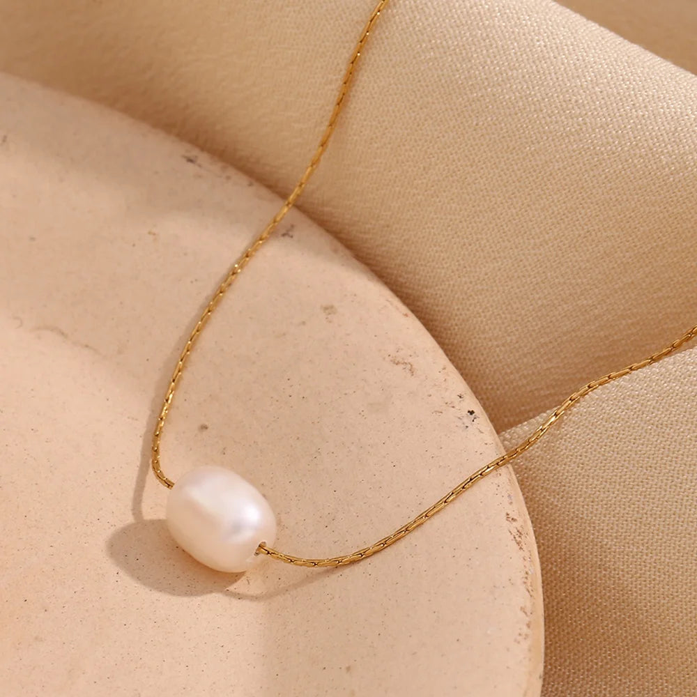 Fresh Water Pearl Minimalist Necklace 18k Gold Plated Stainless Steel Jewelry Waterproof Necklace