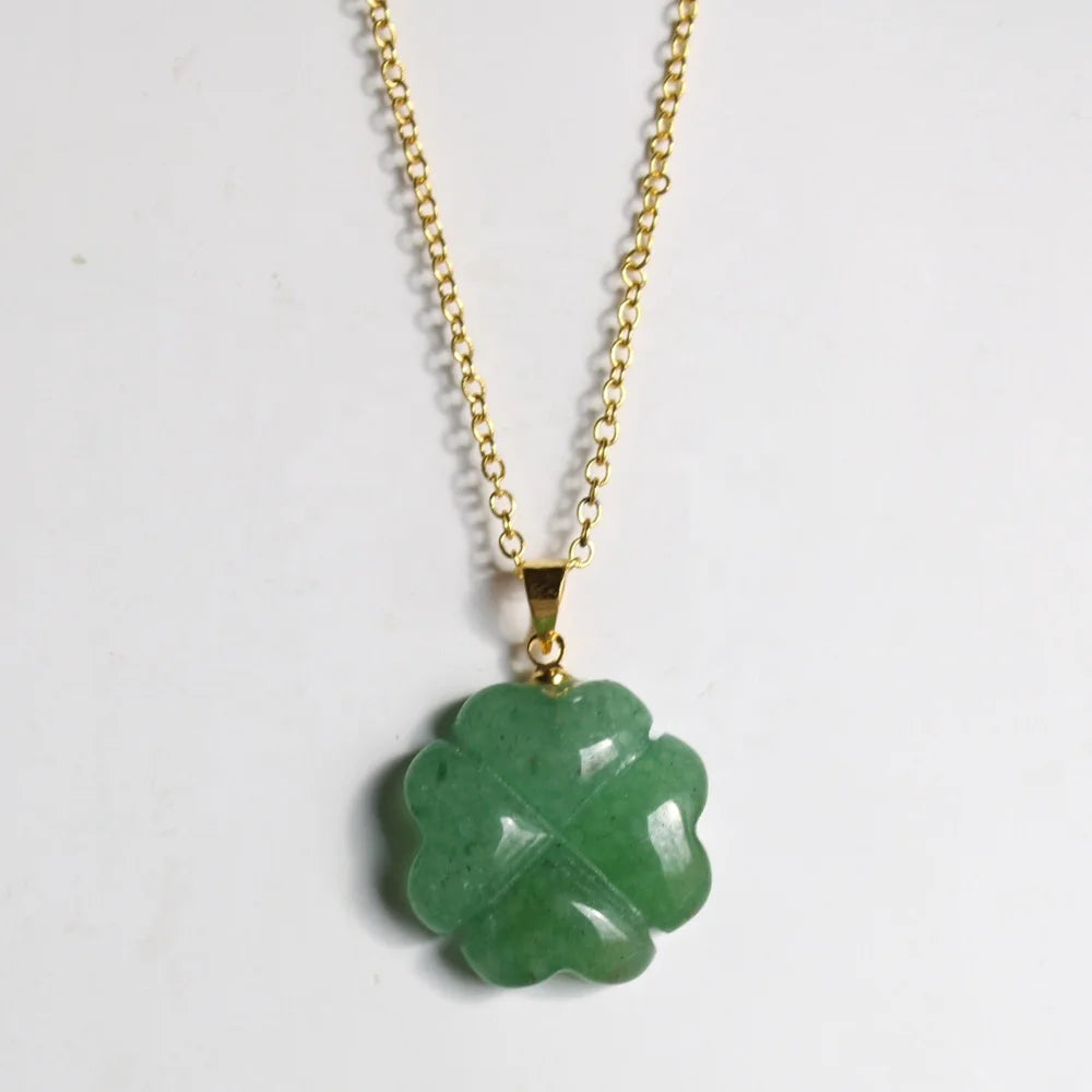 Wholesale Natural Gemstone Green Aventurine 925 Sterling Silver Crystal Four Leaf Clover Necklace Pendant