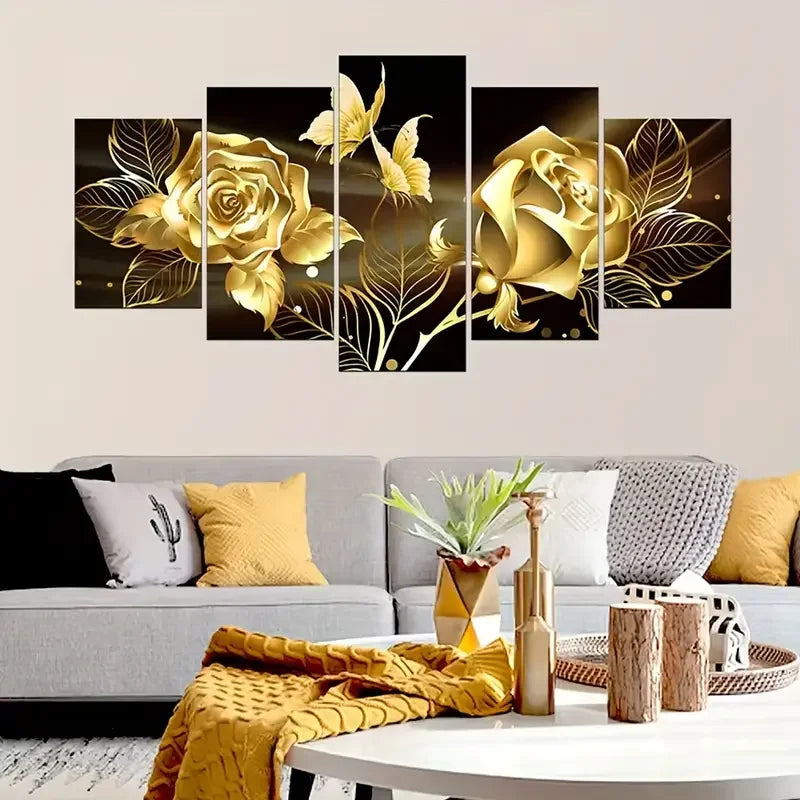 Custom 5pcs Wooden Framed Modern Art Black and Golden Rose Canvas Poster and Print for Bedroom Living Room Wall Art Decor
