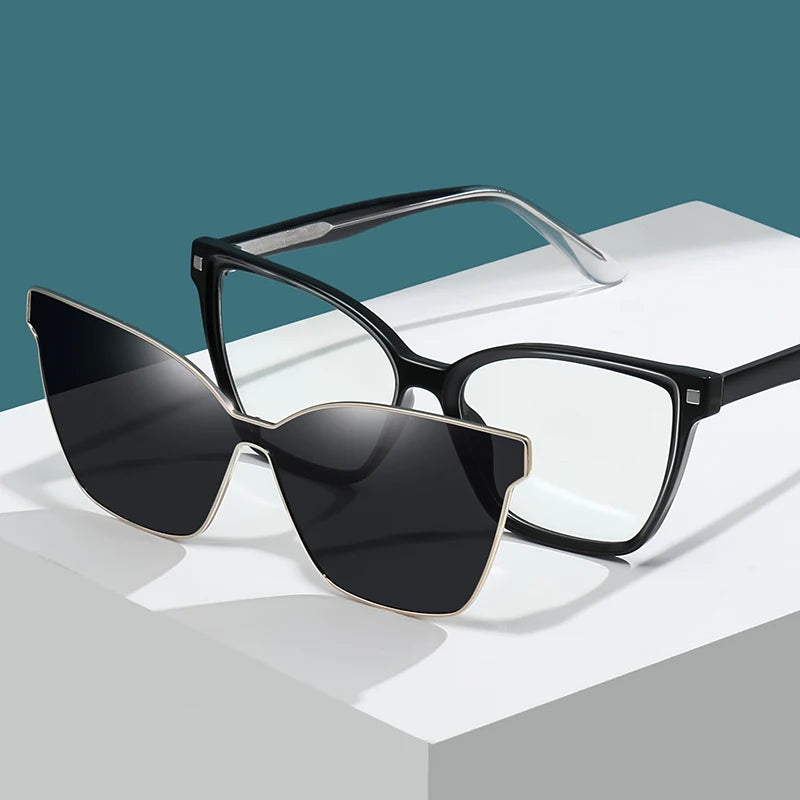 Polarized Magnetic Clip-On Sunglasses for Women Blue Light Blocking Optical Frame Anti Glare TR90 Sun Shades