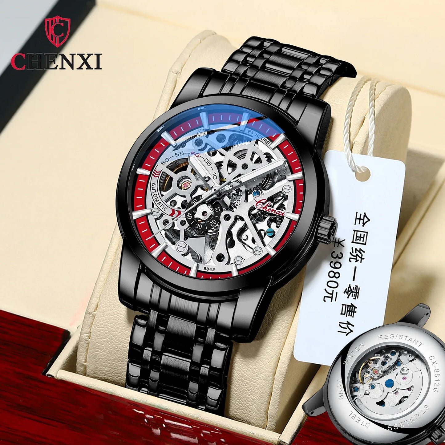 CHENXI  High-end New Solid Steel Strip Automatic Hollow Mechanical Watch Men's Waterproof Luminous