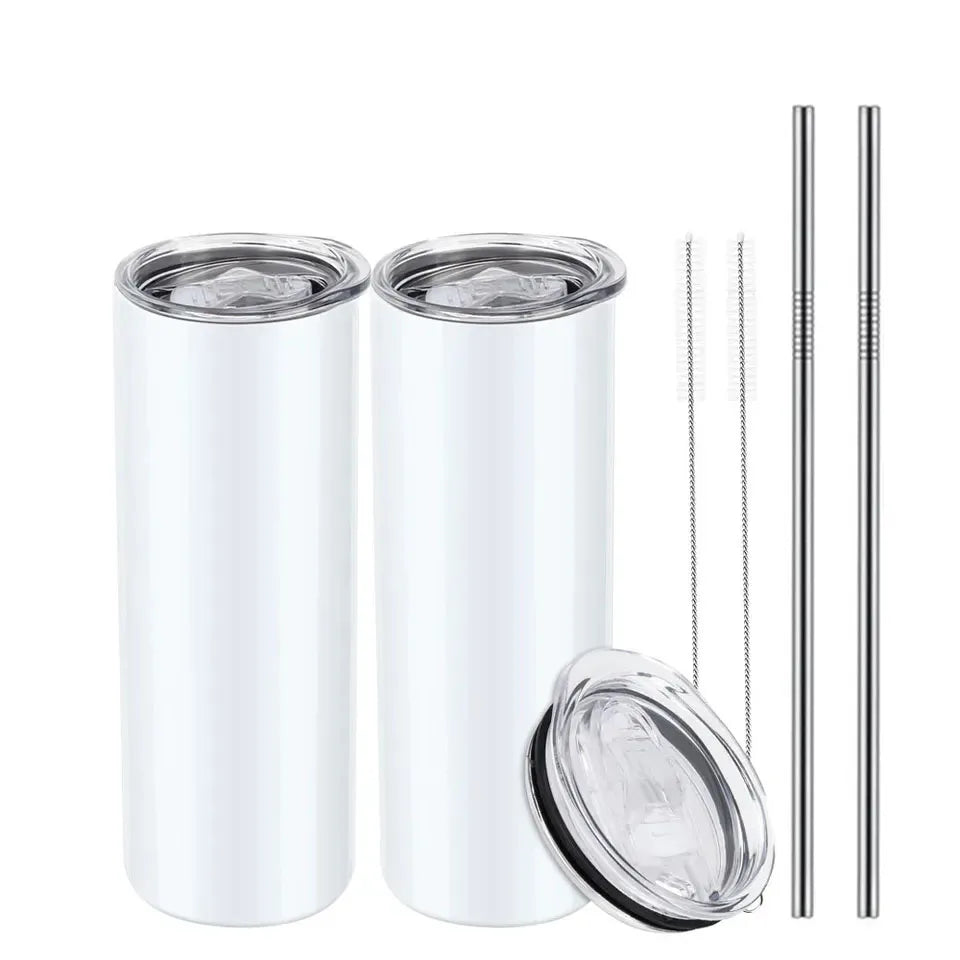 Sublimation Blank Skinny Tumbler White 20 OZ Straight Double Wall Stainless Steel Tumbler with Metal Straw Tumbler Cups