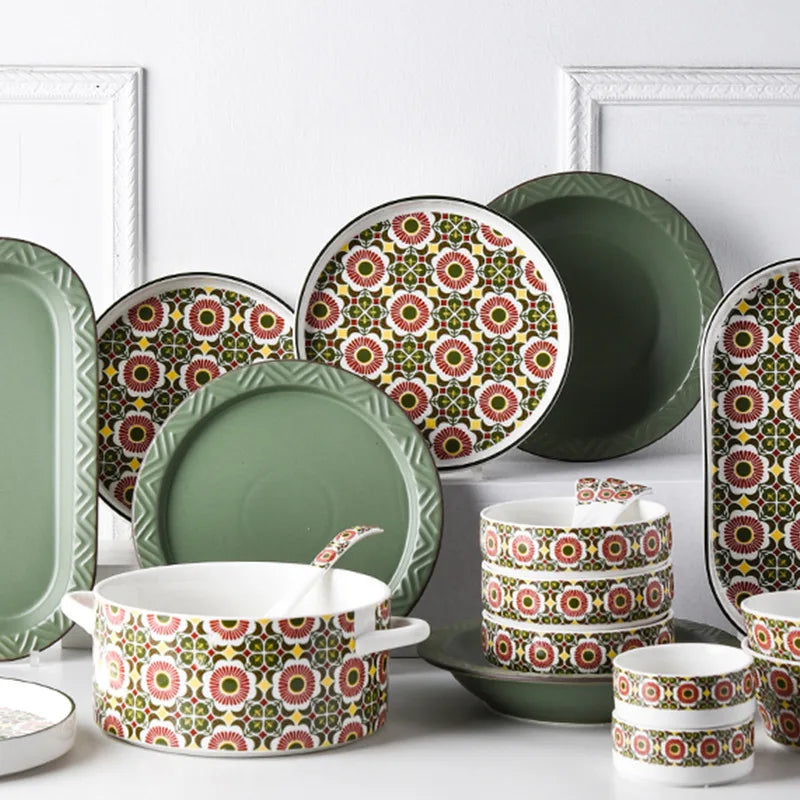 Bohemian Style China Boho Lattice Pattern Vintage Retro Style Printed Red Green Blue Ceramic Dinnerware Tableware Set