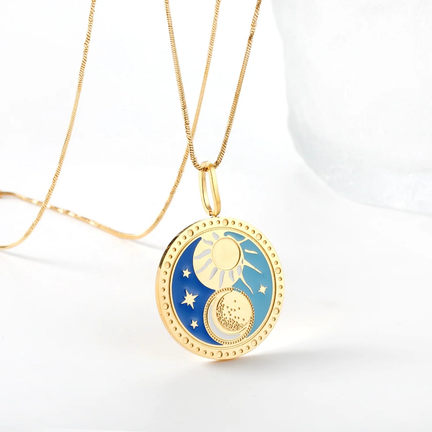 Waterproof Tarnish Free Necklace Jewelry Custom 18K Gold Stainless Steel Blue Enamel Star Moon Sun Pendant Necklace