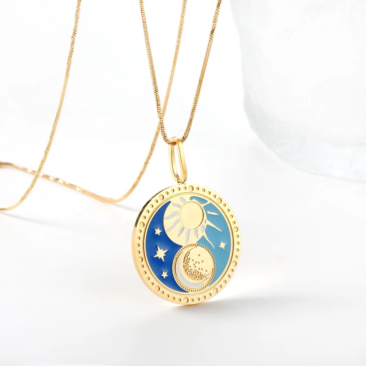 Waterproof Tarnish Free Necklace Jewelry Custom 18K Gold Stainless Steel Blue Enamel Star Moon Sun Pendant Necklace