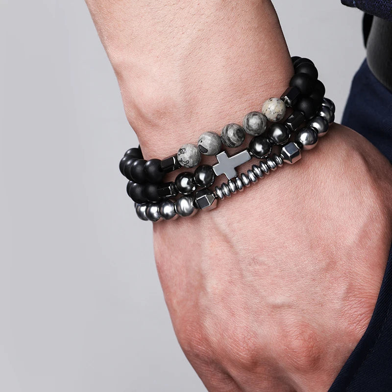 Cross Border Personality Vintage Cross Bracelet Black Gallstone Vintage Beaded Bracelet Fashion Bungee Cord Bracelet for Wome