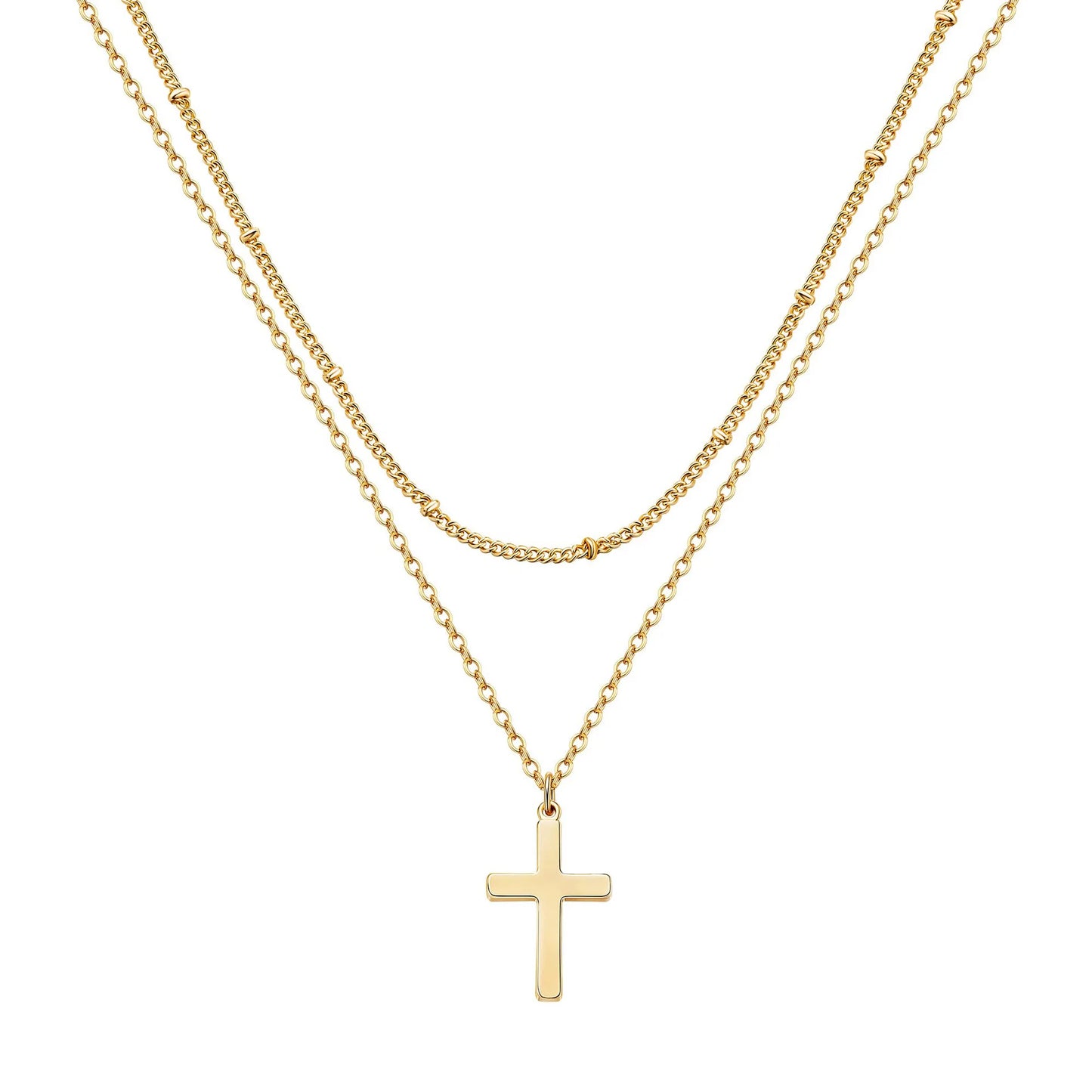 Wholesale Titanium Small Cross Pendant Necklace Jewelry 18k Gold Beaded Chain Stainless Steel Double Layered Cross Necklace