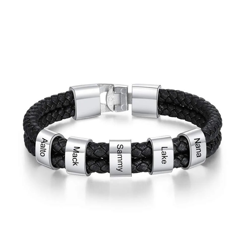 Dad Father Gift Bracelet Handmade Stainless Steel Silver Beads Jewelry Custom Mens Names Leather Bracelet for Valentines Day