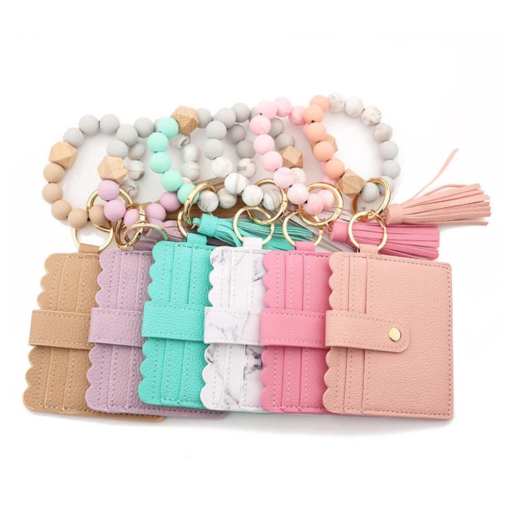 Wholesale Gifts Silicone Bead Pu Bracelet Card Holder Purse Leopard Print Tassel Wallet Leather Keychain