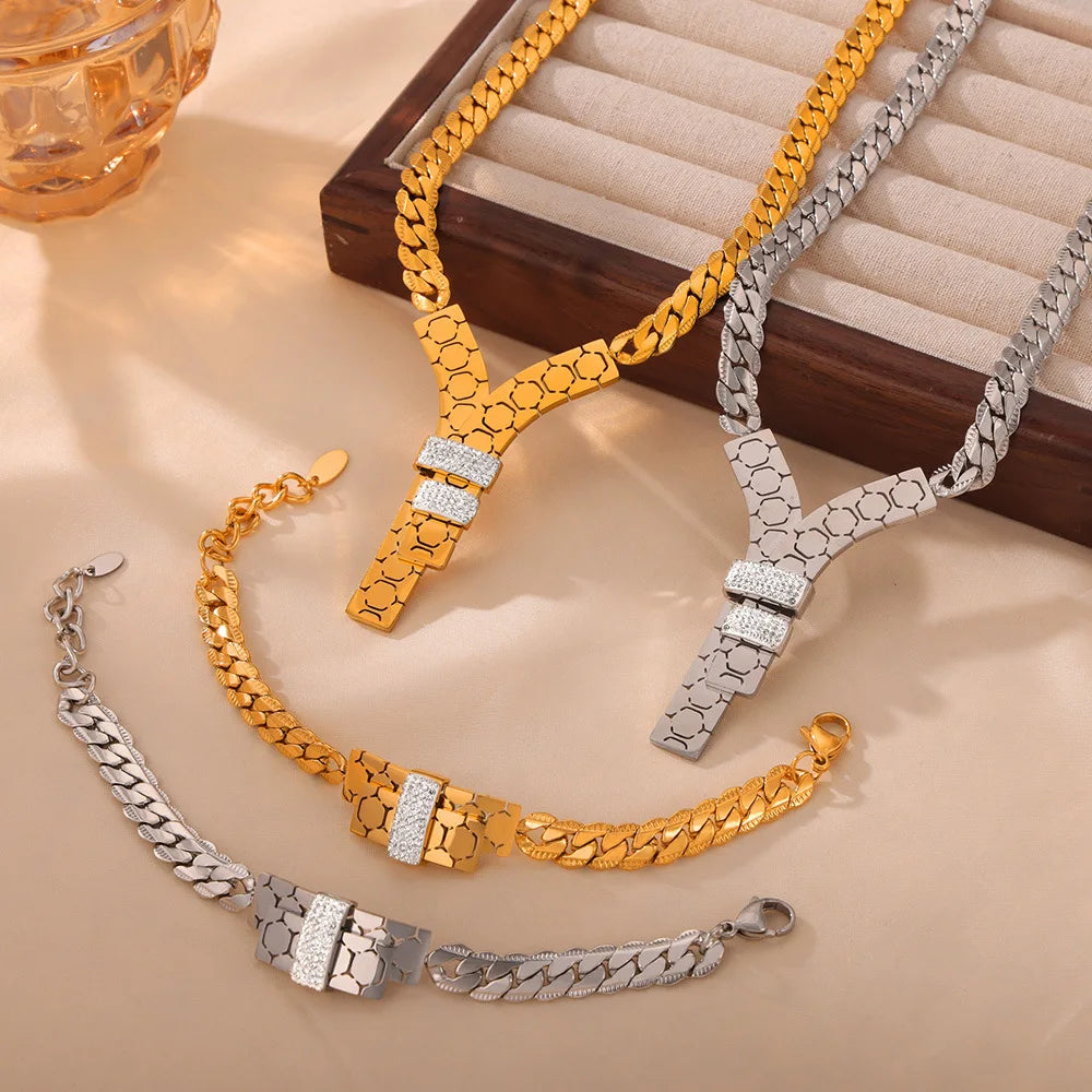 2024 New Trendy 18k Gold Plated Tarnish Free Stainless Steel Y Shape Jewelry Set Necklace Bracelet Set for Women