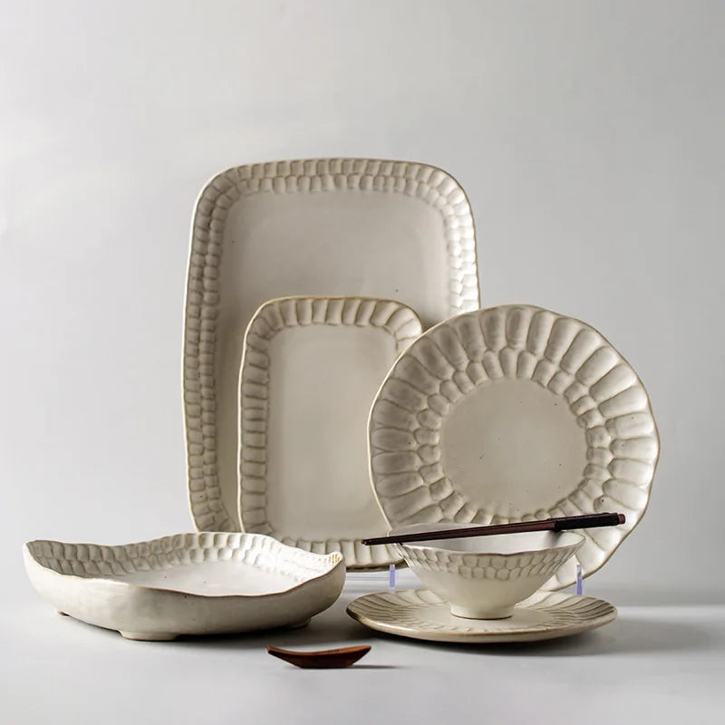 Japanese Rough Pottery Hand Pinch Dish Set Hand Design Sense Tableware