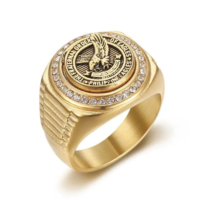 New Style Delicate Stainless Steel Vacuum Gold-plated Diamond Set Philippine Eagle Domineering Men's Ring Custom Wholesale