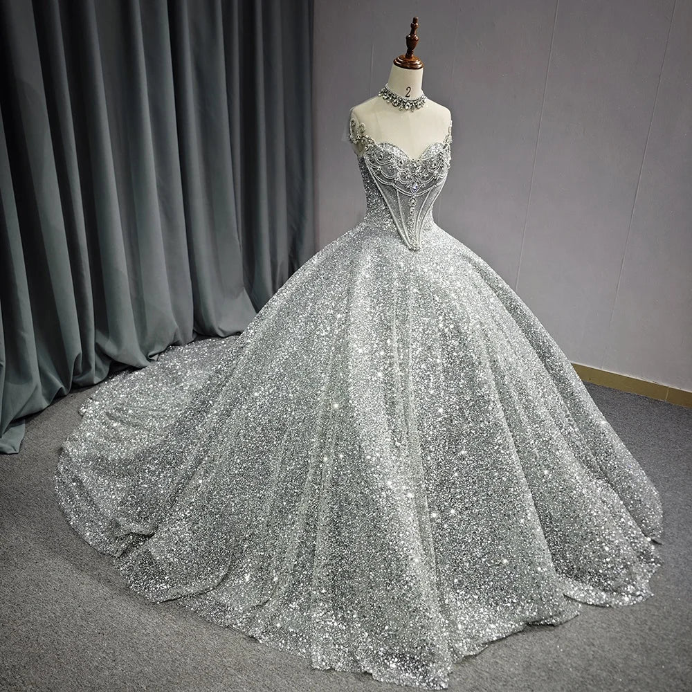 Jancember 6713 Glitter Silver High Neck Sequins Beaded Women's Quinceanera Dresses
