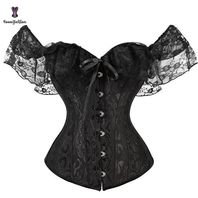 Plus Size Lingerie Busty Women Clothing Sleeveless Underwear Outwear Party Costume Fish Boned Black Corset Top With Lace Slee