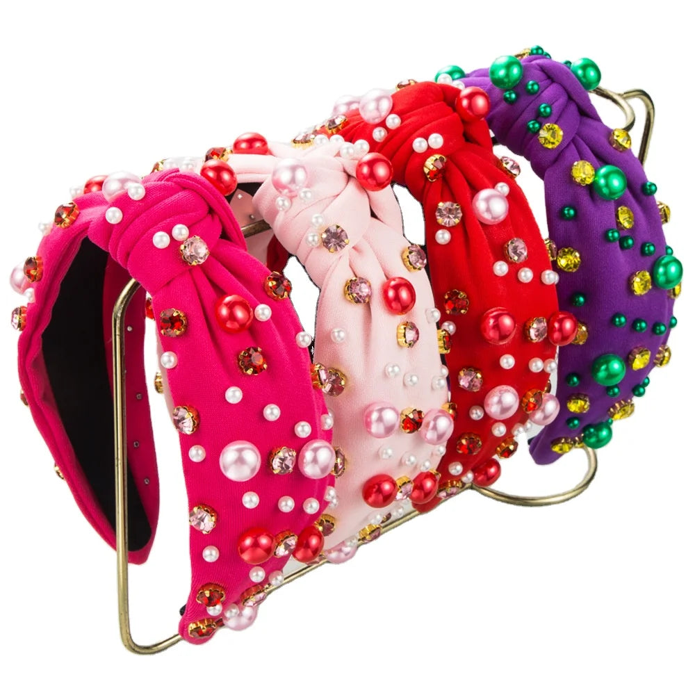 New Fashion Rhinestone Pearl Knotted Headband Temperament Cloth Hair Accessories for Women