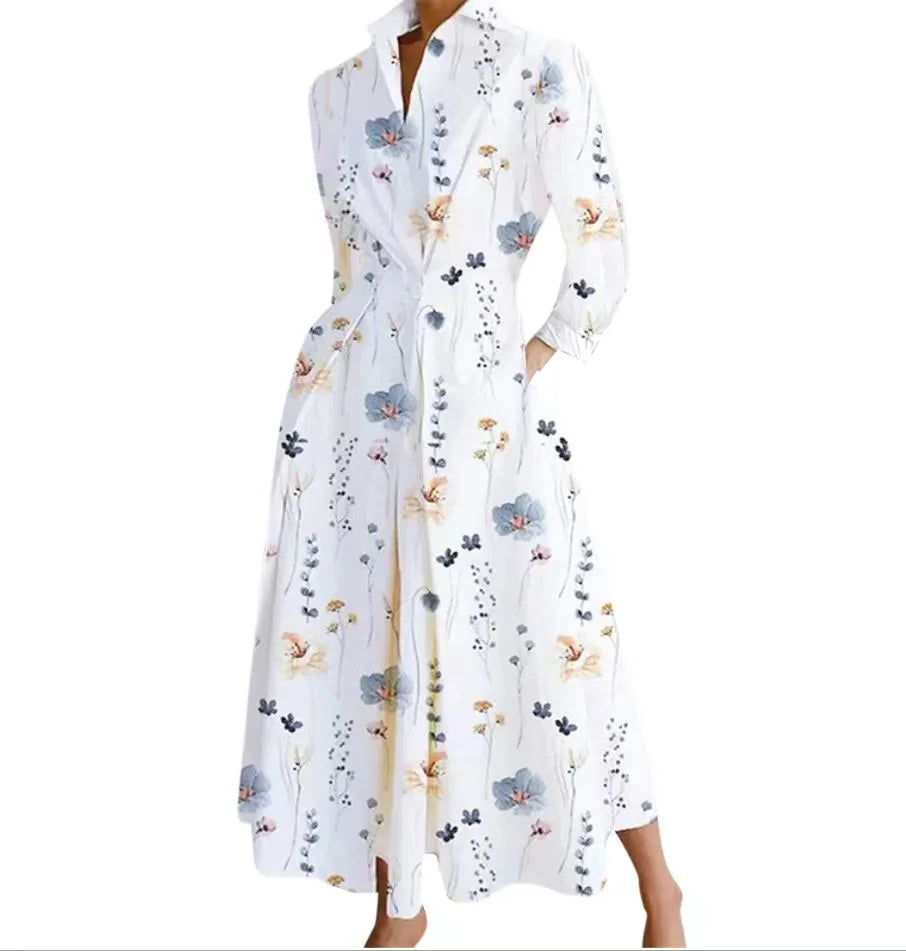 Autumn Dress Long Sleeve Dot Print Elegant Maxi Dresses for Women White Casual V Neck Shirt Party Long Dress Robe Femme