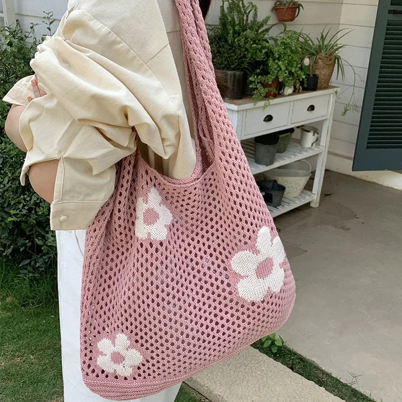 Large Capacity Ladies Shopping Bag Retro Flower Female Casual Tote Bag Travel Handbags Summer Women's Knitting Shoulder Bags