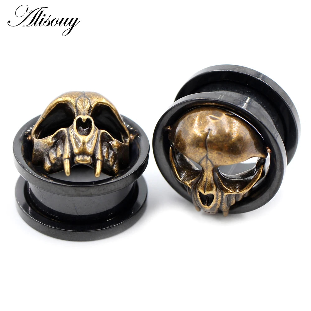 Wholesale Black Stainless Steel Skull Skeleton Ear Plugs Tunnels Expander Stretchers Gauges Earrings Piercing Body Jewelry