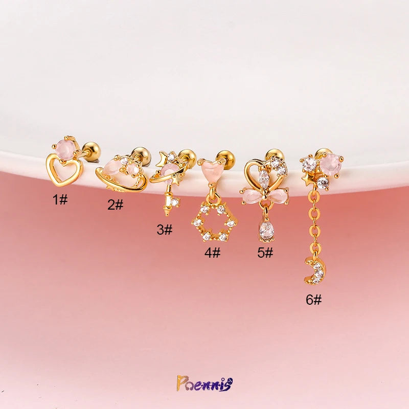 Pink Zircon Stone Heart Moon Jade Dangle Earrings Women Ear Bone Small Tragus Rook Conch Cartilage Piercing Earrings