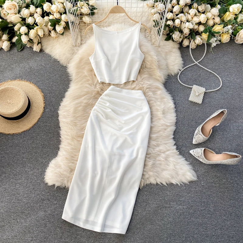 Boutique Wholesale 2026 Spring New Round Neck Tank Top Short Top High Waist Wrap Hip Middle Long Dress Women's Set
