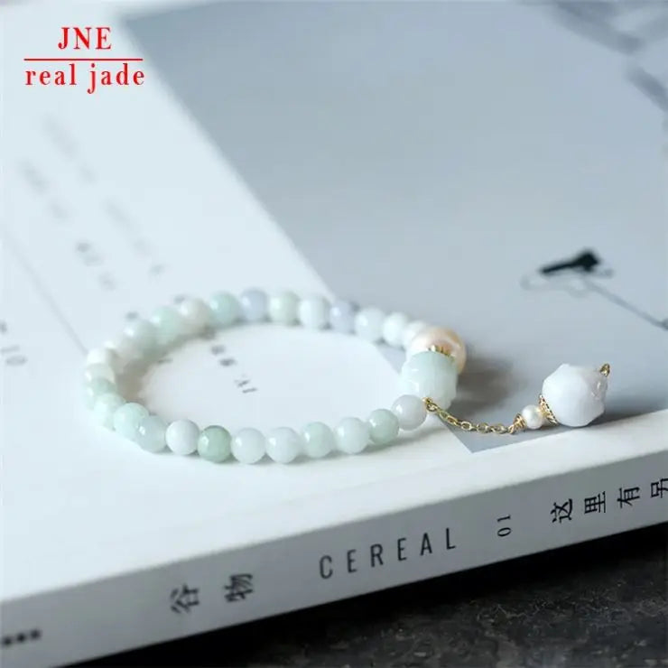 Original Natural Freshwater Pearl Noodles Jade Lotus Bracelet 14K Gilded Women's Valentine's Day Gift Jade Bracelet
