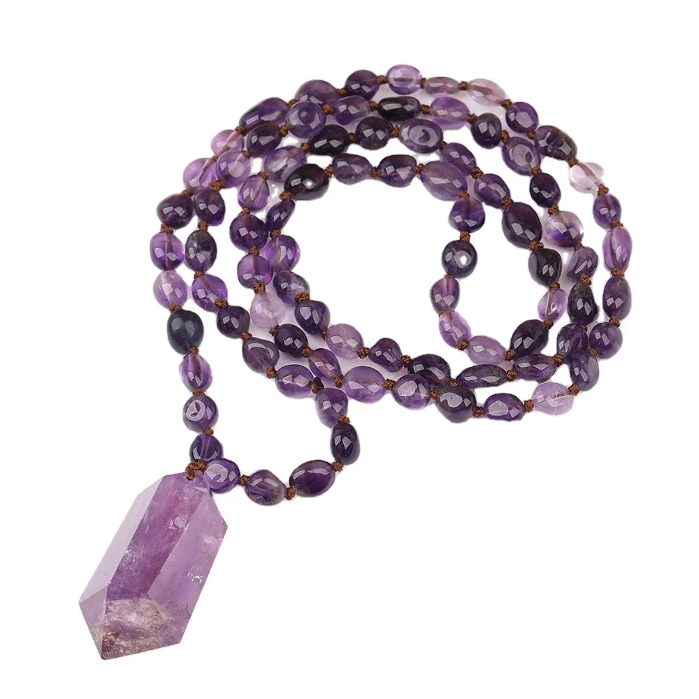 Purple Crystal Amethyst Quartz Healing Chakra Reika Handmade 108 Mala Bead Necklace for Women Jewelry