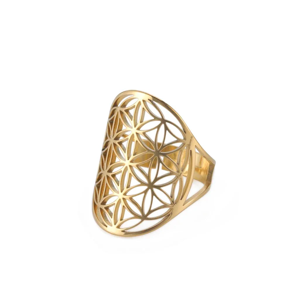 Flower Stainless Steel Open Rings for Women Girls Sacred Geometry Jewelry Amulet Adjustable Rings Gifts