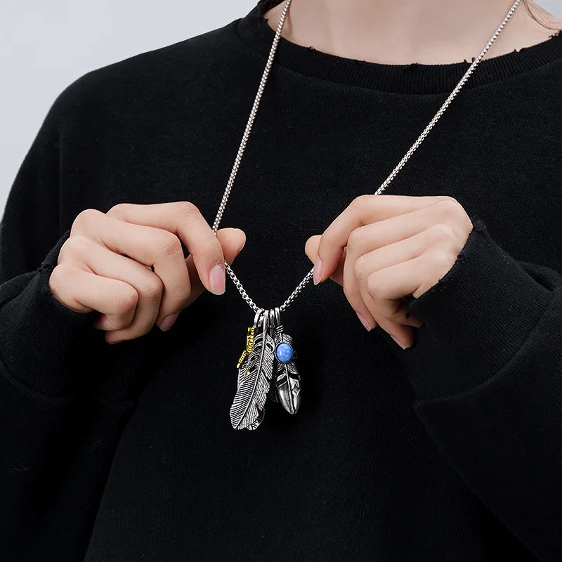 2023 Retro Trendy Titanium Stainless Steel Necklace for Men Hip Hop Feather Pendant Necklace Costume Jewelry
