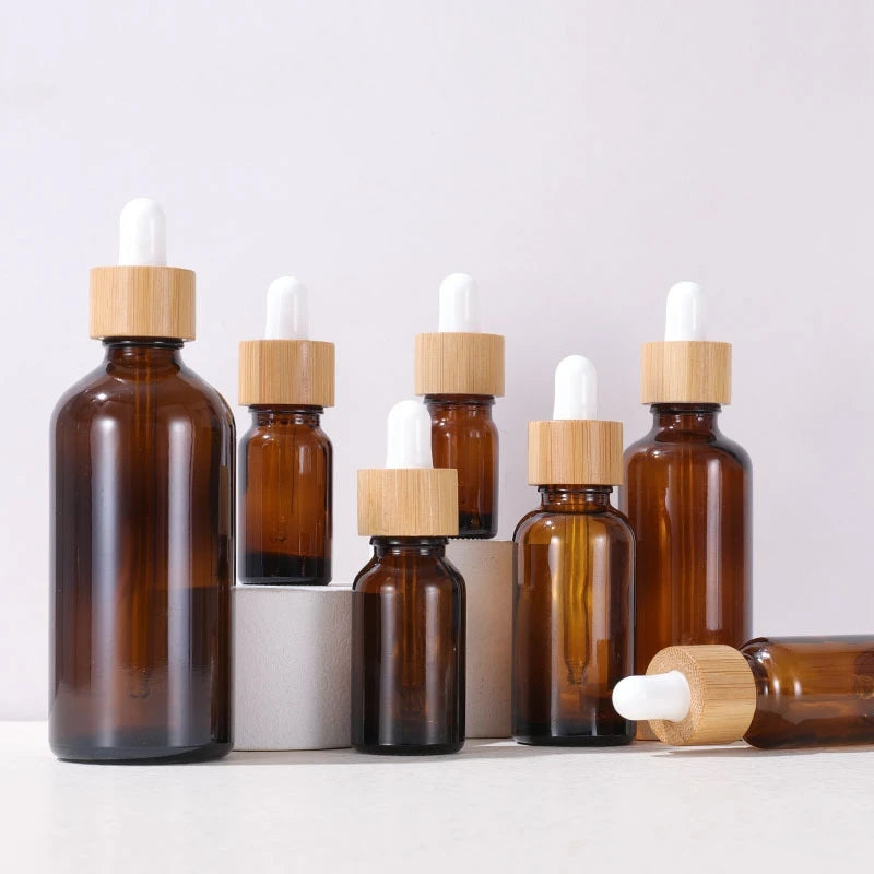 Empty 5ml 10ml 15ml 20ml 30ml 50ml 100 ml High Quality Amber Glass Essential Oil Dropper Bottle with Eco-friendly Bamboo Cap