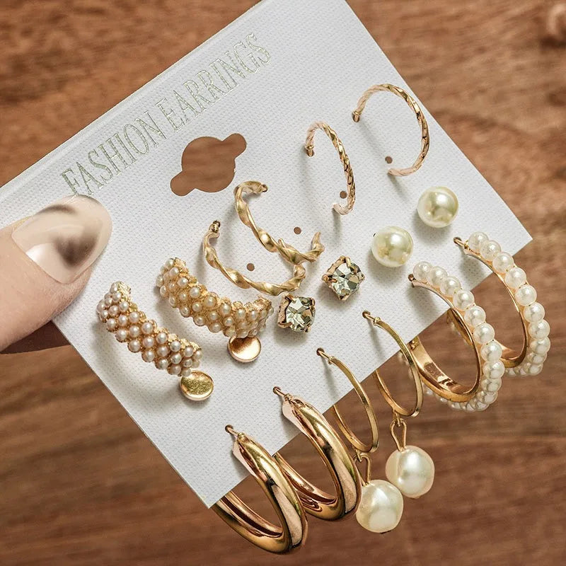 Europe and the United States Cross-border New Inlaid Pearl Earrings for Women Creative French Retro Gold Earrings 6 Sets