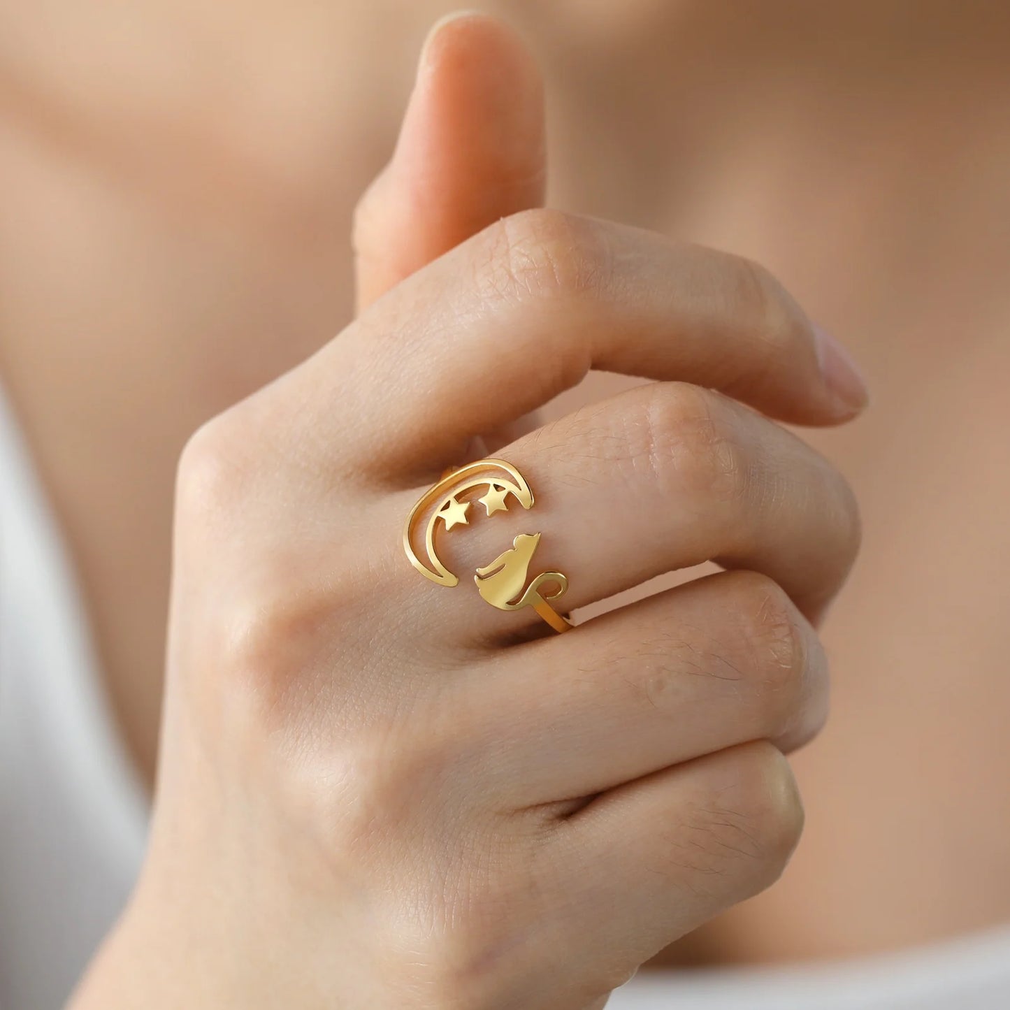 Moon Star Cute Cat Rings Fashion Elegant Adjustable Finger Ring Stainless Steel Jewelry for Women Pet Lover
