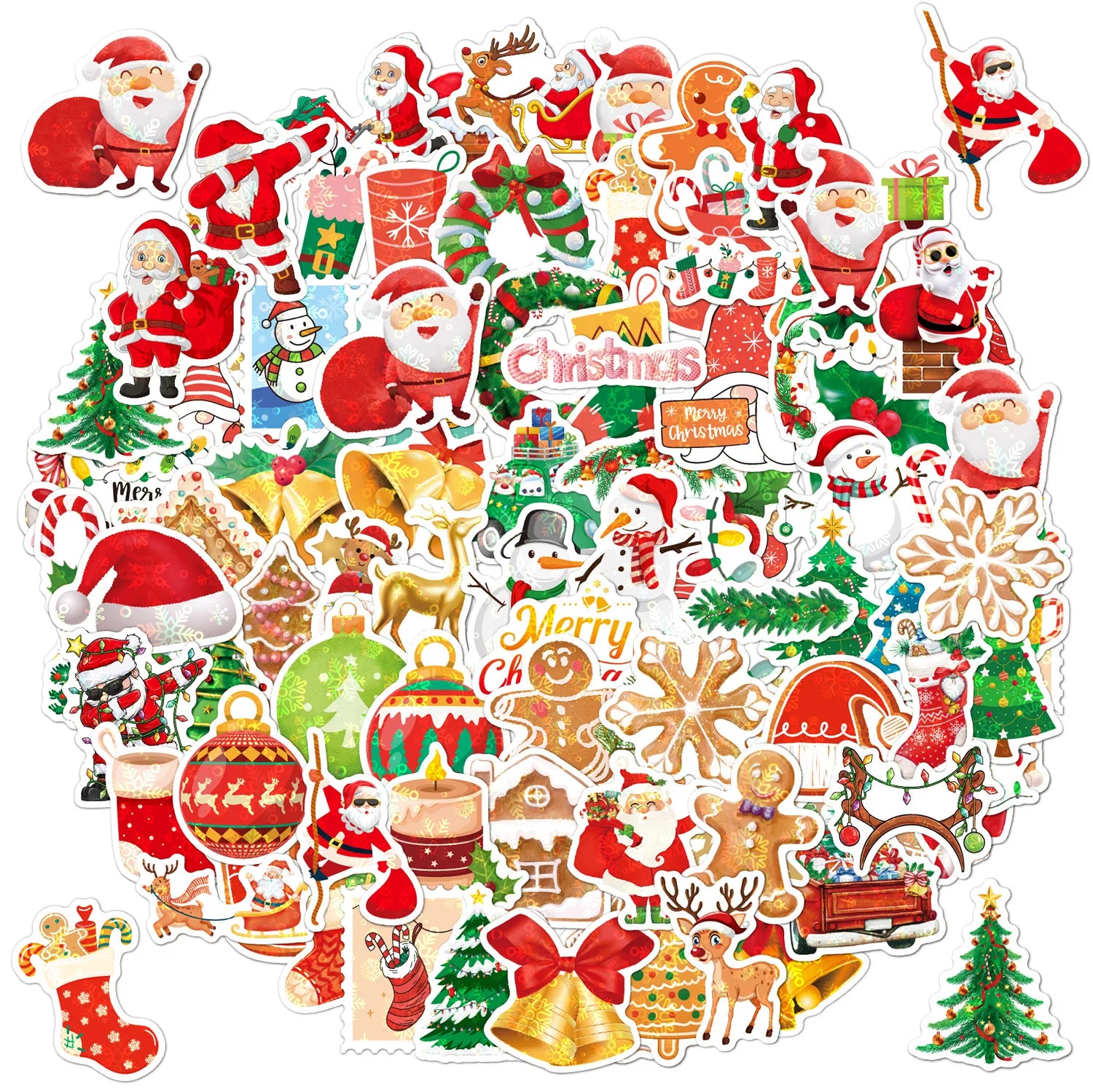 100pcs Holographic Christmas Stickers Laptop Gift Cute Cartoon Decoration Waterproof Stickers Waterproof Vinyl Glitter Sticke