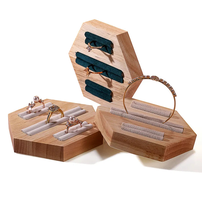 Modern Hexagonal Wood Black Beige White Green Leather Rings Bangle Bracelet Display Stand
