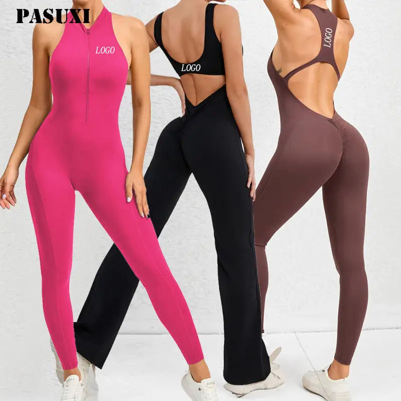 PASUXI Hot Sale Women Onesie Custom Sexy Hollow Back Leggings Nude Feeling Quick Drying Breathable Bodysuit Yoga Jumpsuits