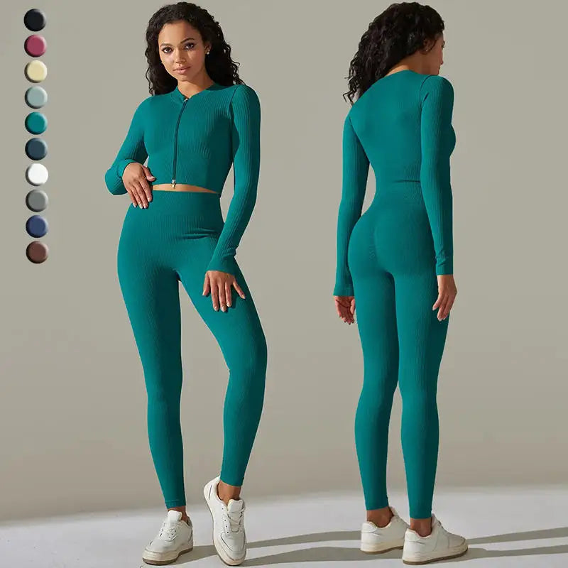 Zip up Seamless Long Sleeve Shirts Leggings Set Workout Scrunch Ribbed Yoga Suit for Winter Women Activewear