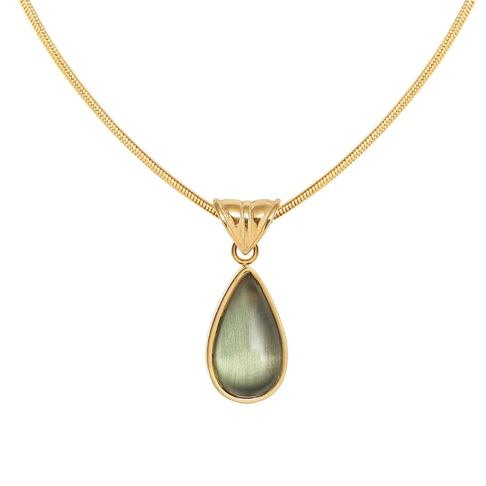 Fenny 18K PVD Plated Fashion Green Water Drop Zirconia Pendant Blue Ocean Snake Bone Chain Necklace Stainless Steel Jewelry