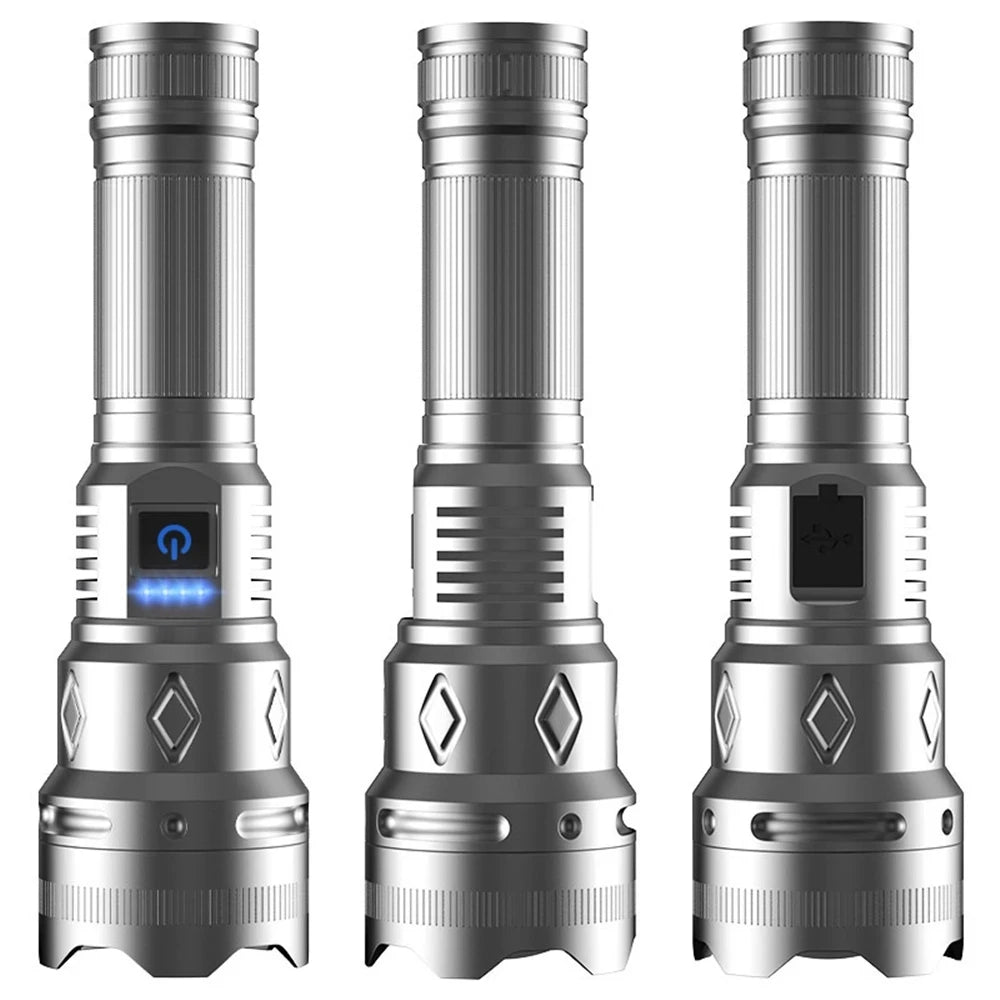High Power Long Range 35W LED Flashlight Telescopic Focusing Strong Light Type-C Charging Output Tactical Torch for Outdoor