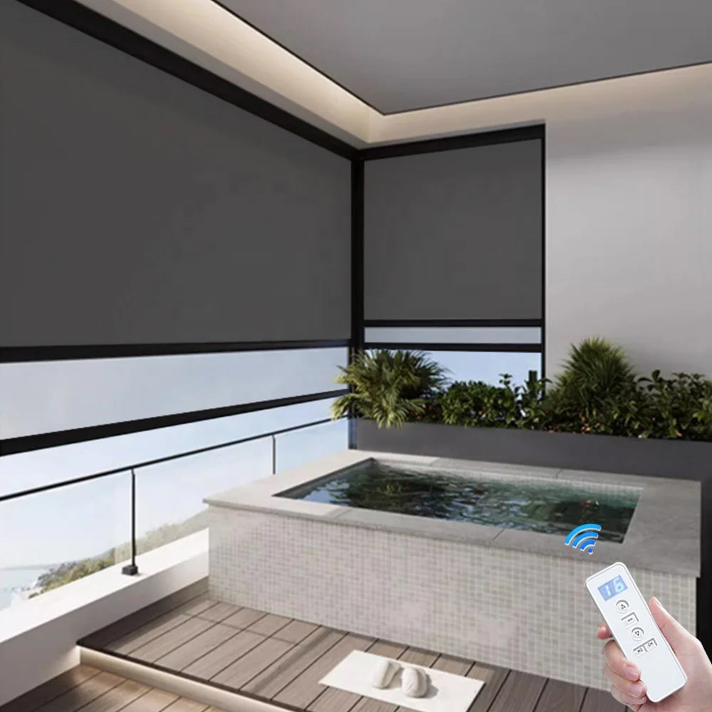 Blackout Smart Remote Control Double Layer Fabric Roller Windproof Outdoor Blinds Motorized Roller Waterproof Shades for Gard