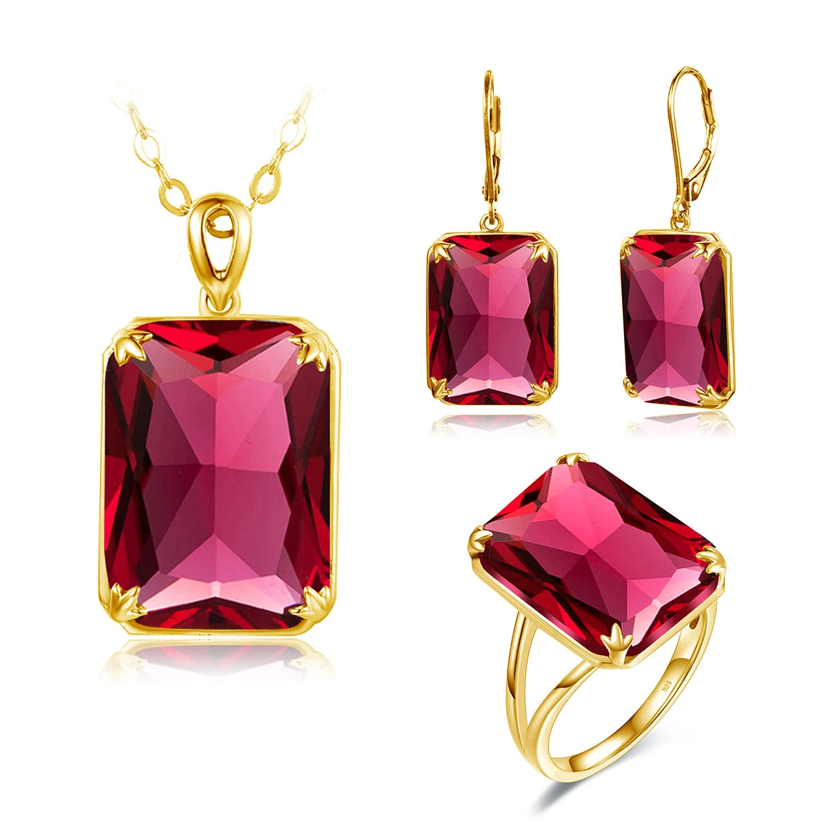 Szjinao Sparkling Red Ruby Engagement Pendant Earrings Ring Set Sterling Silver 14K Gold Plated Trendy Vintage Designer Jewel