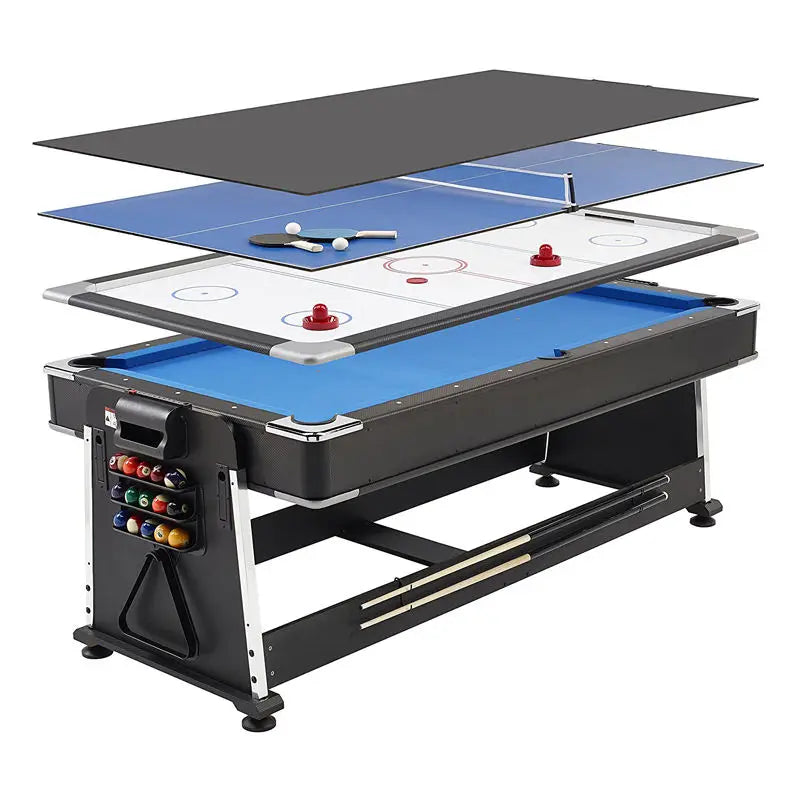 PINJIAN New 7' Flip Multi Game Table 3-in-1 Snooker Pool Air Hockey Table with Ping-Pong Feature