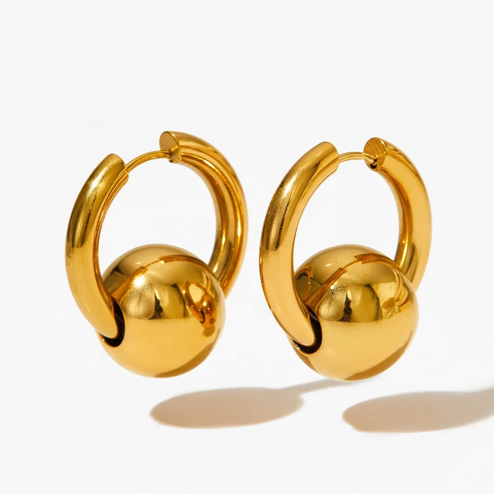 INS Charm Hollow Sphere Pendant Drop Earrings PVD Plated Hypoallergenics Stainless Steel Waterproof Big Hoop Earrings Jewelry