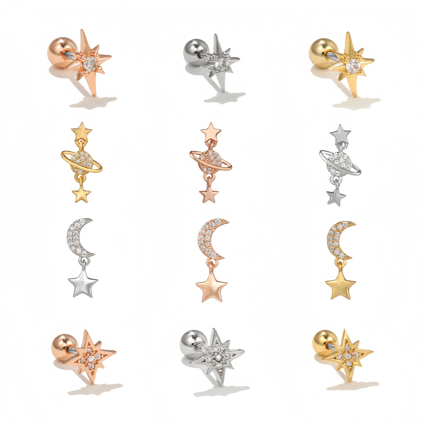 Classic Metal Moon Ear Bone Stud Brass Rod Piercing Jewelry Screw Ball Women Small Zircon Star Element Earring Stud for Women