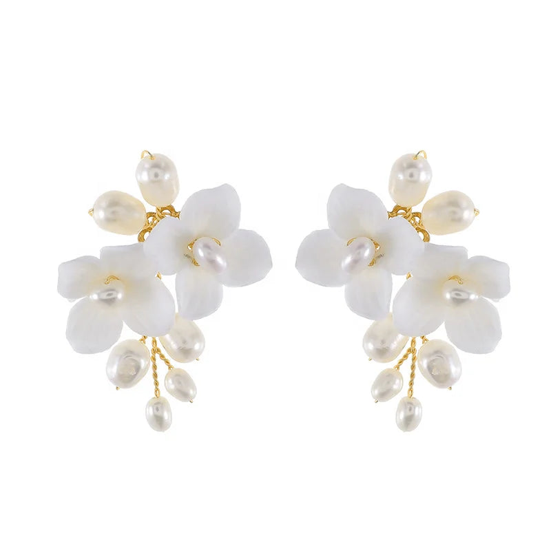 Handmade White Ceramic Flower Pearl Stud Earring with Drop Wedding Party Jewelry for Women Prom & Engagement Gift